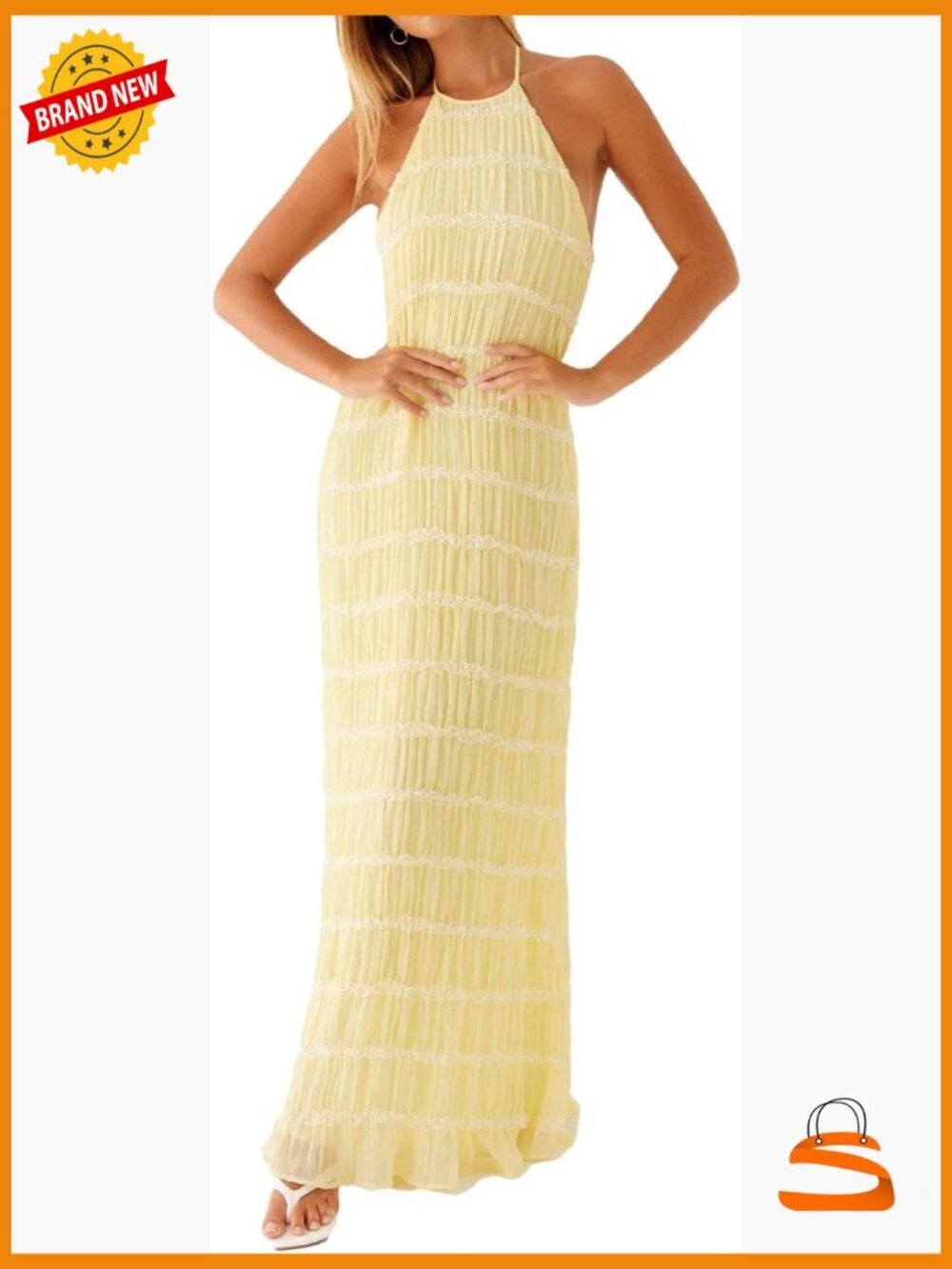 Women's Halter Backless Maxi Dress Textured Open Back Sleeveless